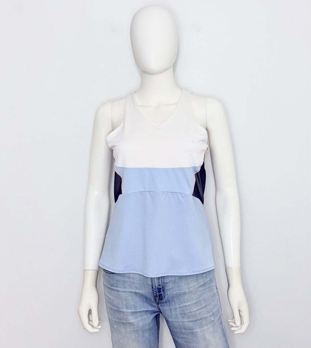 Lucky In Love Womens Tank Top M White Blue Racerback Shelf Bra V Neck Mesh NWOT